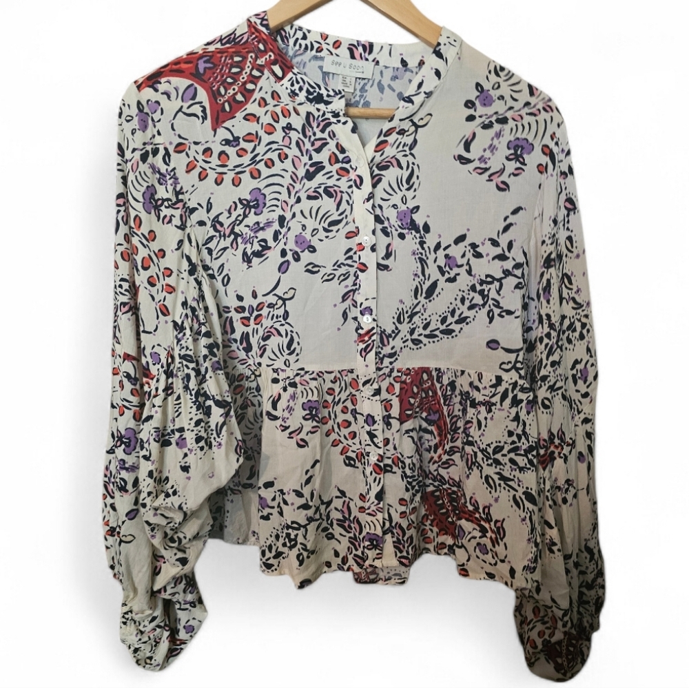 SEE YOU SOON Abstract Print Button Down Peasant Top - Small